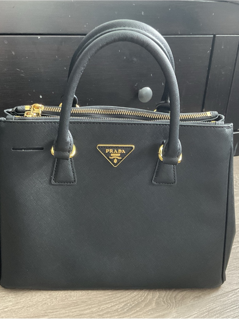 Prada Black Saffiano Leather Satchel with Gold Hardware
